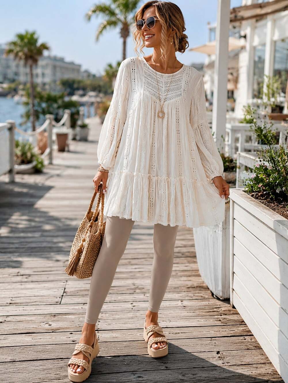 Blue B White Lace Crochet Long Sleeve Tunic Dress Size L
